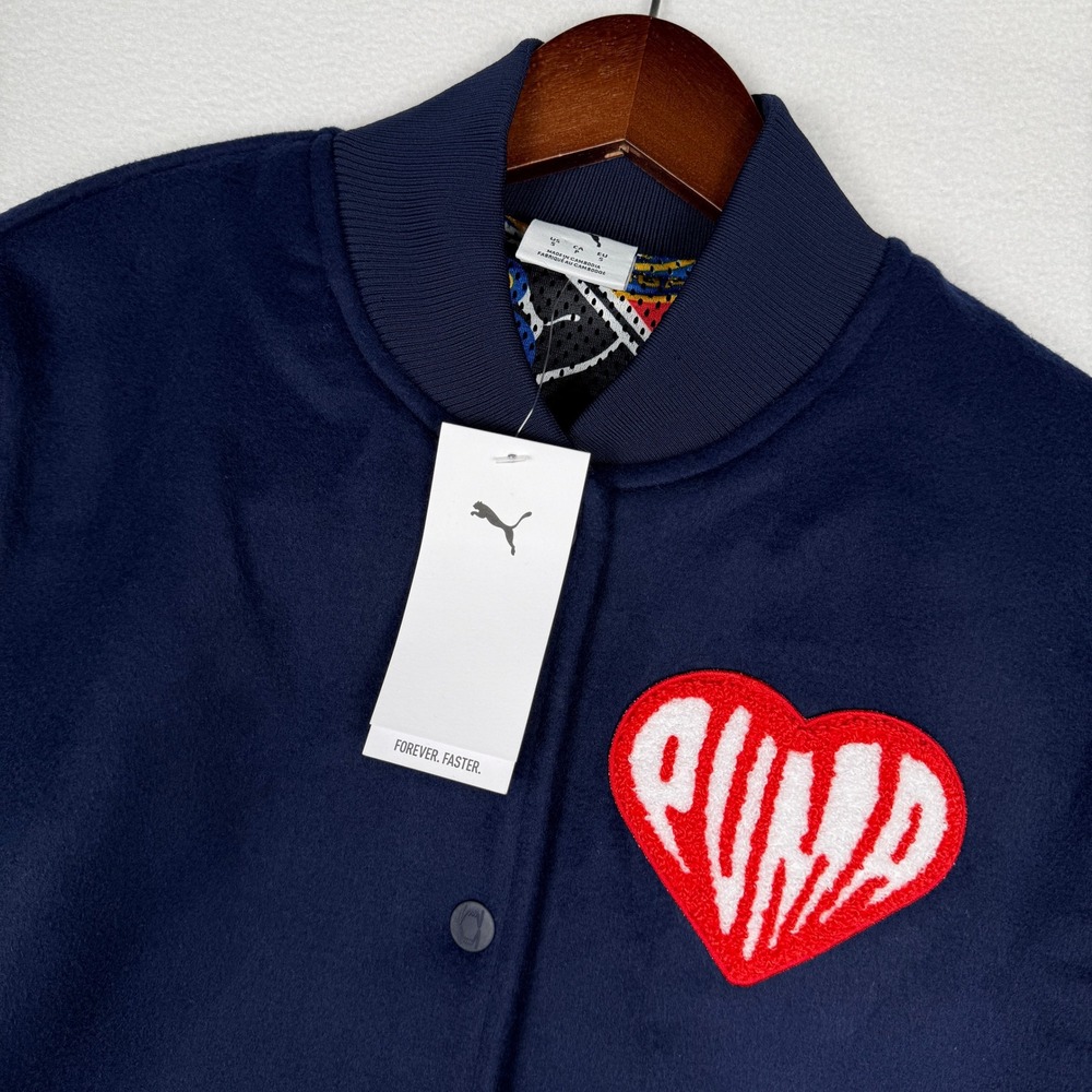 NEW Puma Sticker Pack Varsity Jacket Mens S Navy Blue Wool Blend Heart Patch